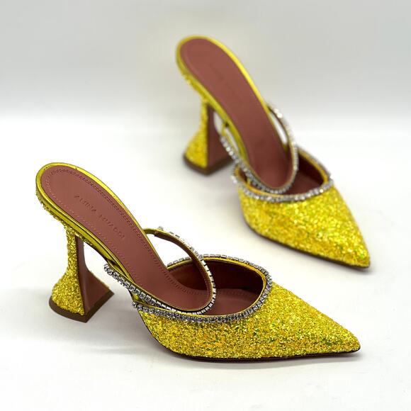 Amina Muaddi Shoes - AMINA MUADDI Glitter Gilda Heeled Mule Women 8 Yellow Rhinstone Strap Pointy Toe